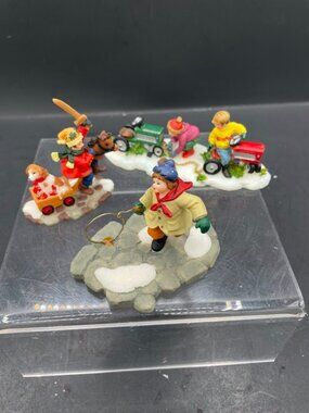 O'Well Christmas Village Accessory Resin Figure Kids Playing Hoop Tractors Hobby